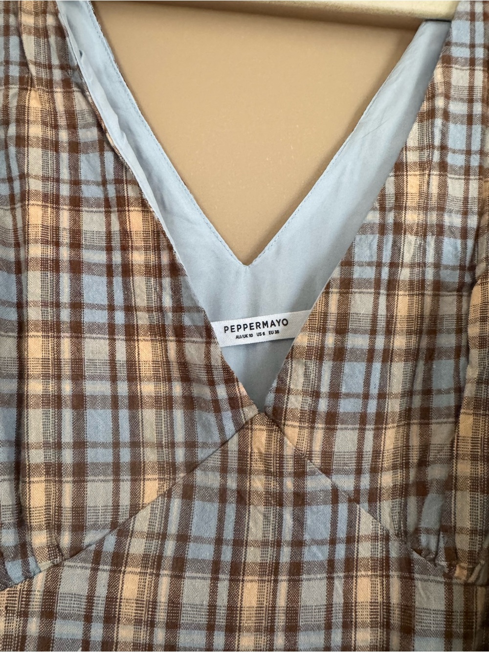 Peppermayo Brown and Blue Plaid V-Neck Maxi Dress - Picture 2 of 3